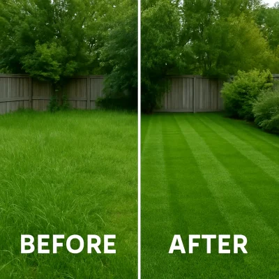Before and after of a mowed lawn